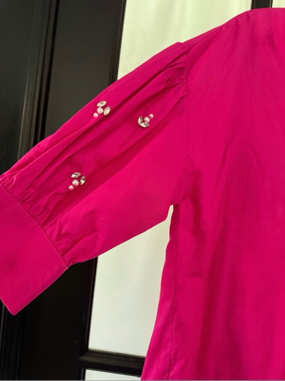 🩷Crown & Ivy (NWT) Hot Pink V-Neck Shirt w/Pearl & Rhinestone Accents